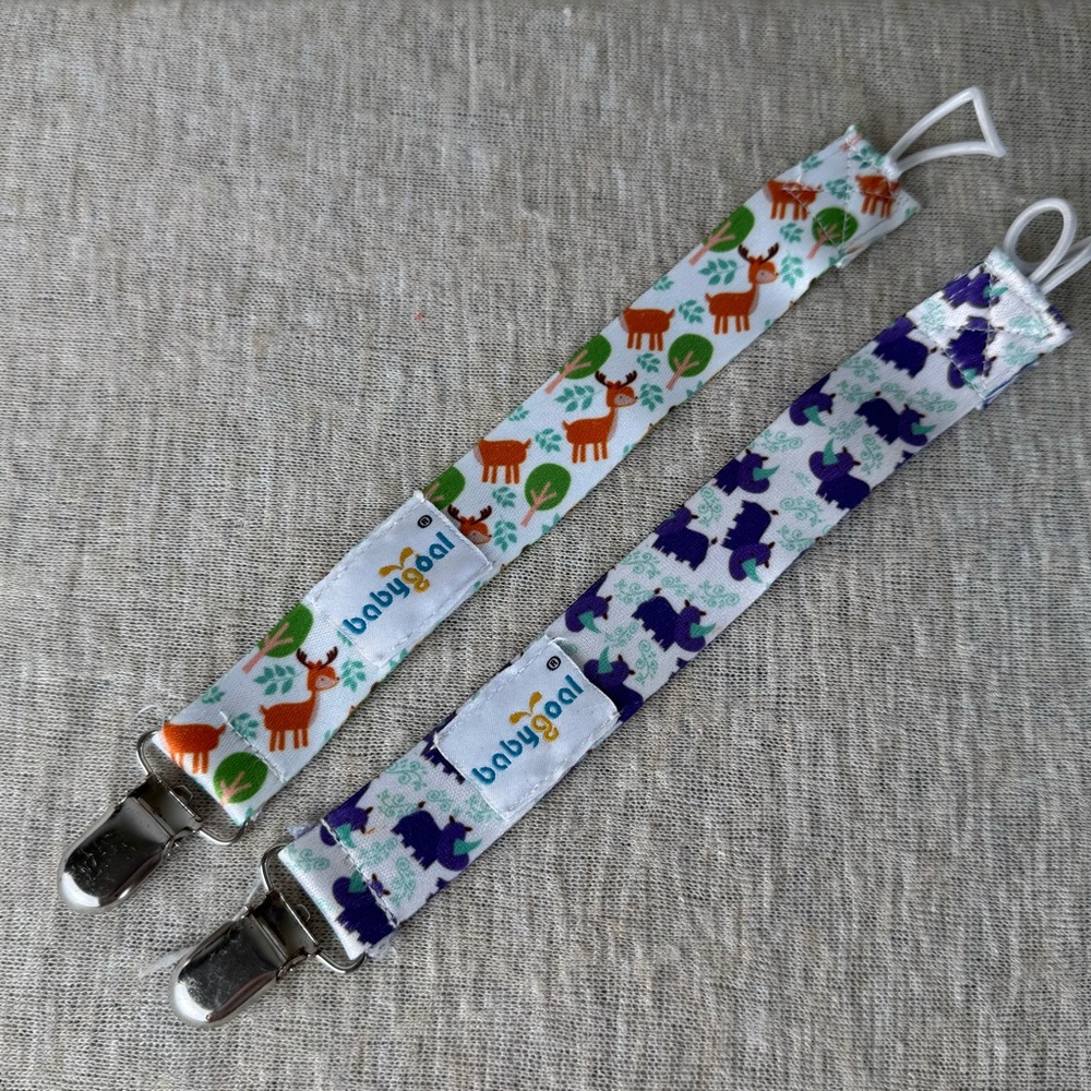 SET OF 2 - pacifier Suspenders straps with Metal Clasps, baby deer & purple rino